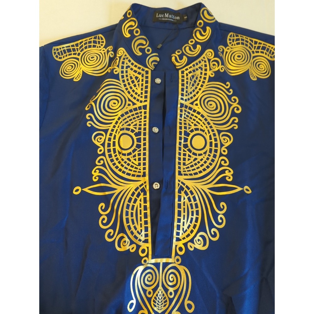 New LUC MATTON Tunic Shirt Men S African DASHIKI Tribal Blue Gold Long Sleeve